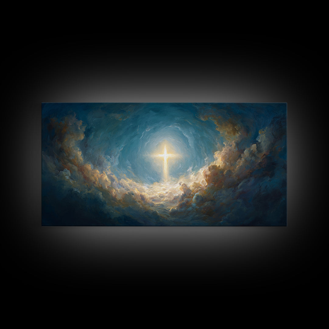 Glowing Cross In Stormy Clouds Wall Art, Christian Canvas Print, Celestial Religious Decor, Inspirational Gift For Home Decor