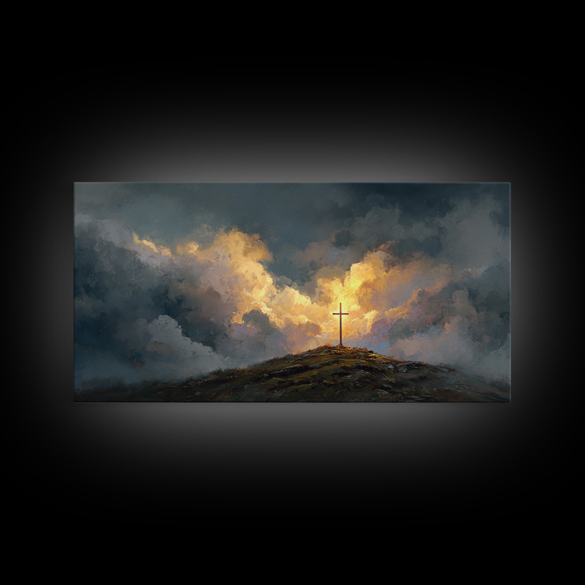 Dramatic Cross On Stormy Hill Wall Art, Christian Landscape Canvas, Moody Faith Decor, Religious Gift, Living Room Art Print