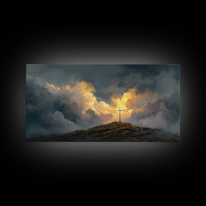 Dramatic Cross On Stormy Hill Wall Art, Christian Landscape Canvas, Moody Faith Decor, Religious Gift, Living Room Art Print