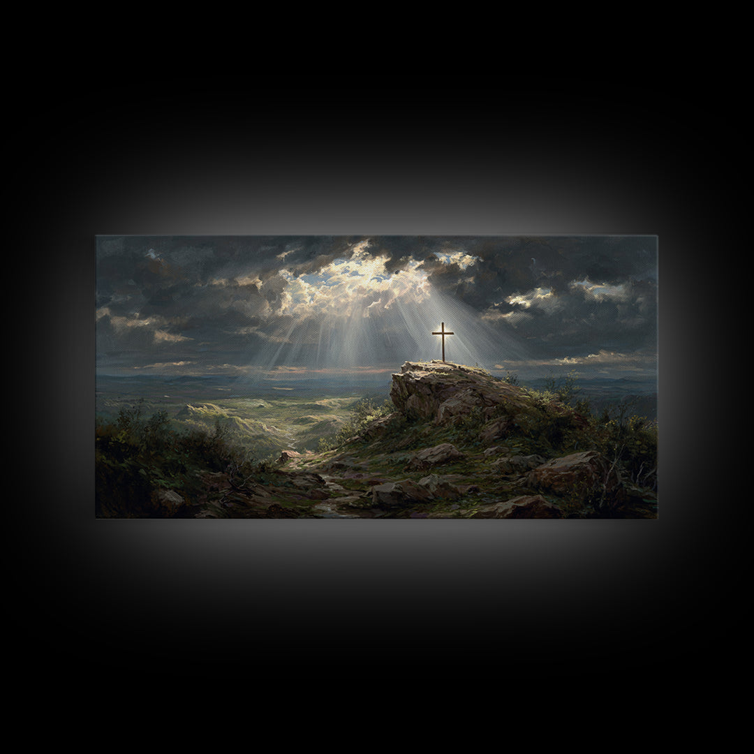 Sunlit Cross On Rocky Hill Wall Art, Christian Landscape Canvas Print, Bible Verse Decor, Spiritual Gift For Home And Prayer
