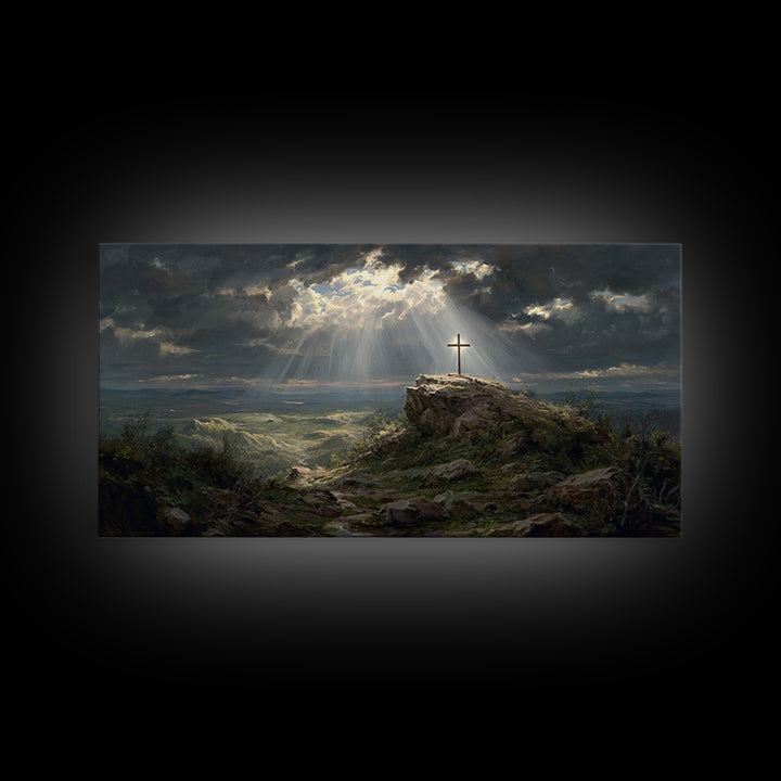 Sunlit Cross On Rocky Hill Wall Art, Christian Landscape Canvas Print, Bible Verse Decor, Spiritual Gift For Home And Prayer