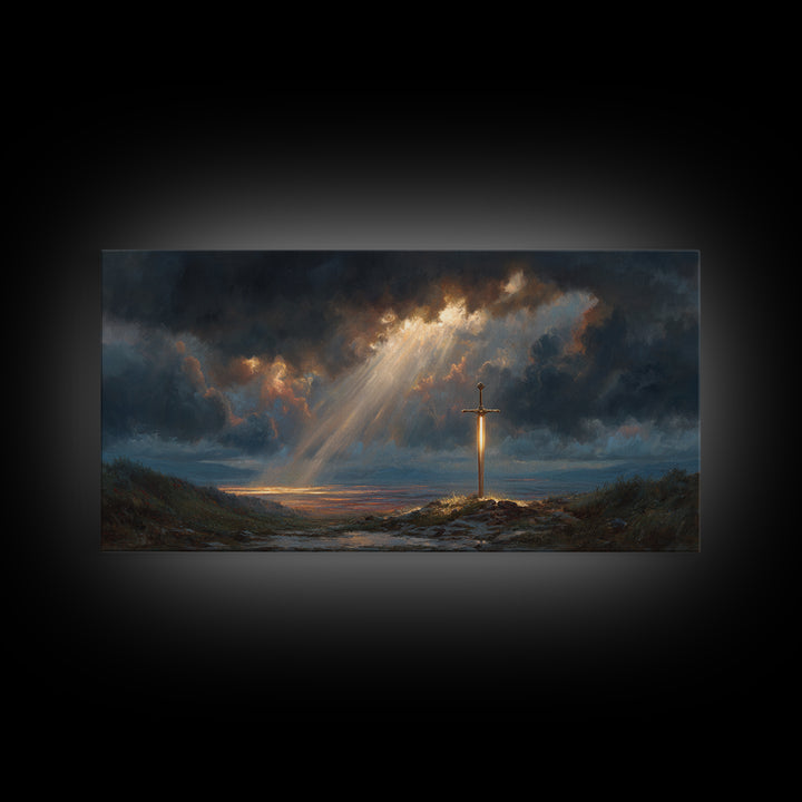 Glowing Sword In Storm Clouds Wall Art, Dramatic Christian Fantasy Canvas Print, Spiritual Decor, Dark Academia Gift For Him