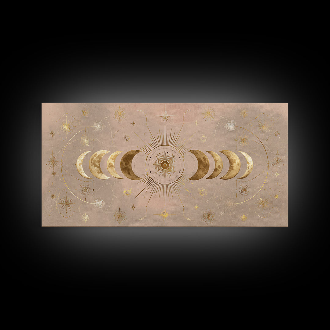 Gold Moon Phase Celestial Wall Art, Mystical Stars And Sun, Boho Bedroom Decor, Astrology Gifts, Above Bed Canvas Print Decor
