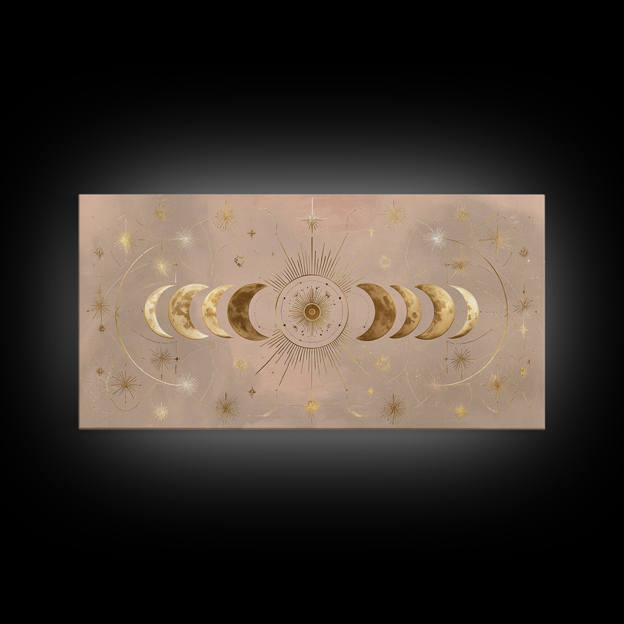 Gold Moon Phase Celestial Wall Art, Mystical Stars And Sun, Boho Bedroom Decor, Astrology Gifts, Above Bed Canvas Print Decor