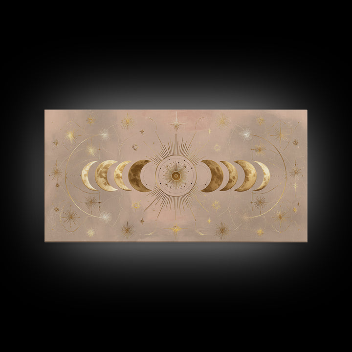Gold Moon Phase Celestial Wall Art, Mystical Stars And Sun, Boho Bedroom Decor, Astrology Gifts, Above Bed Canvas Print Decor