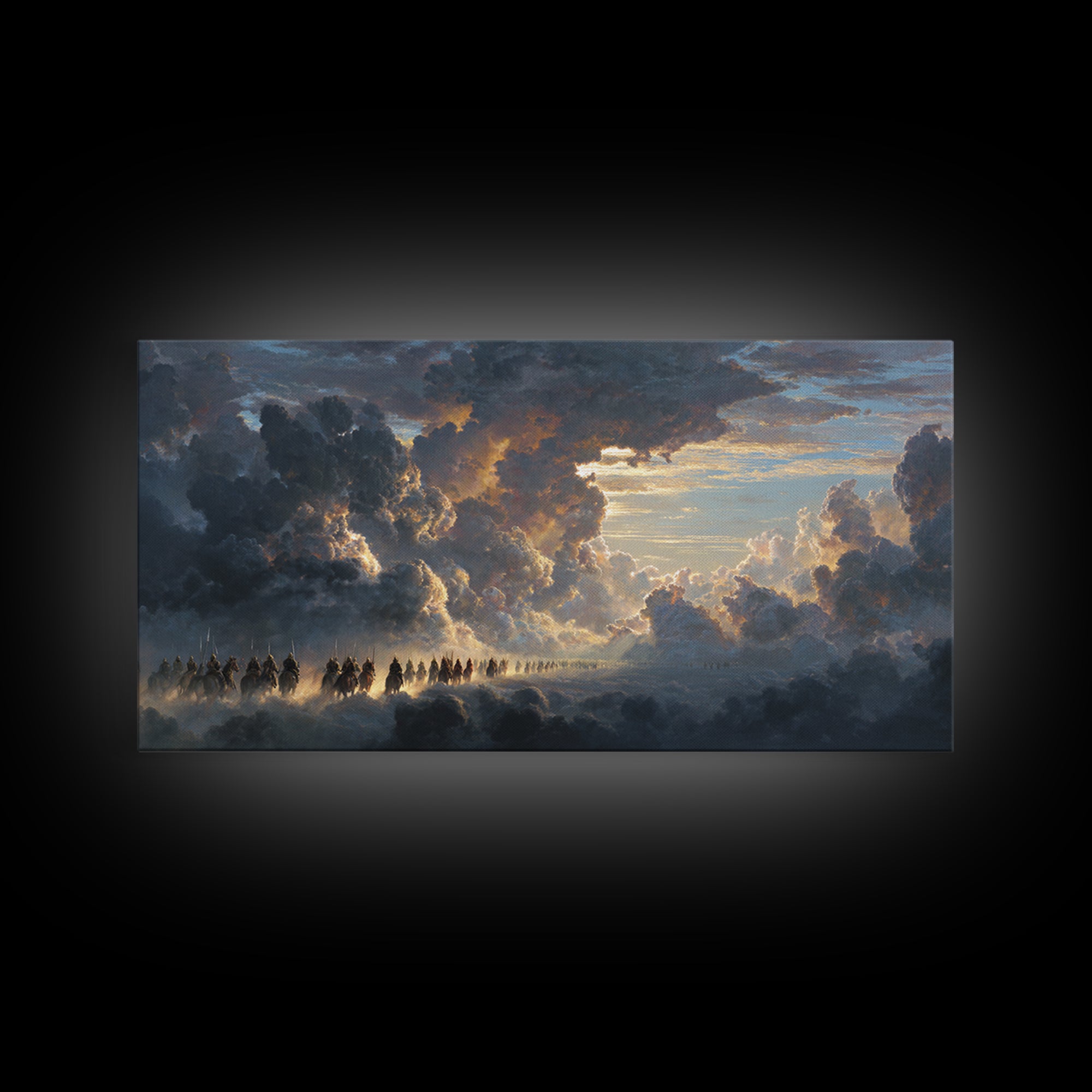 Celestial Riders In Storm Clouds Wall Art, Epic Fantasy Sky Painting, Dramatic Landscape Canvas, Mythological Decor For Office