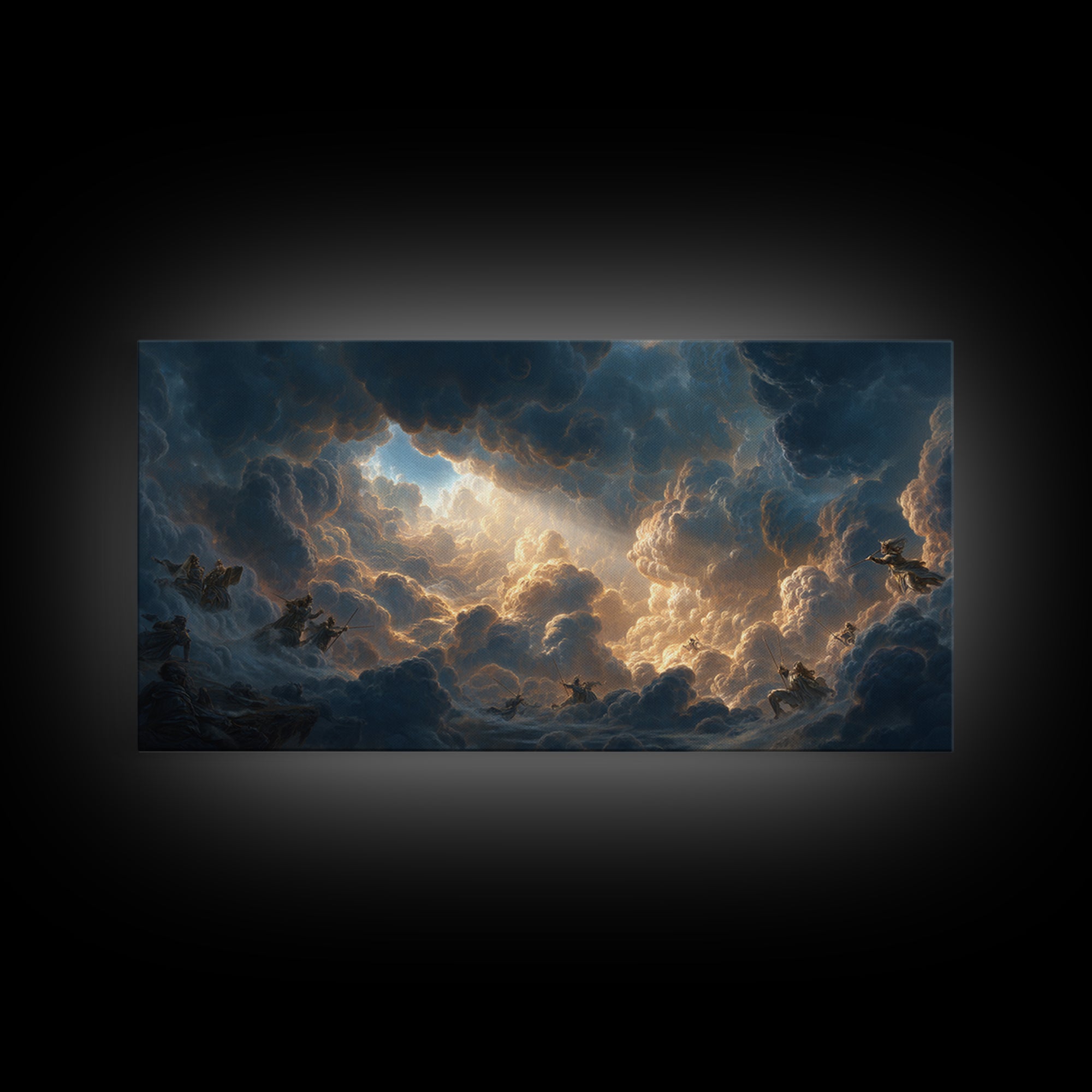 Celestial Riders In Storm Clouds Framed Canvas Print, Epic Fantasy Wall Art, Mythological Sky Painting, Dramatic Decor, Unique Gift