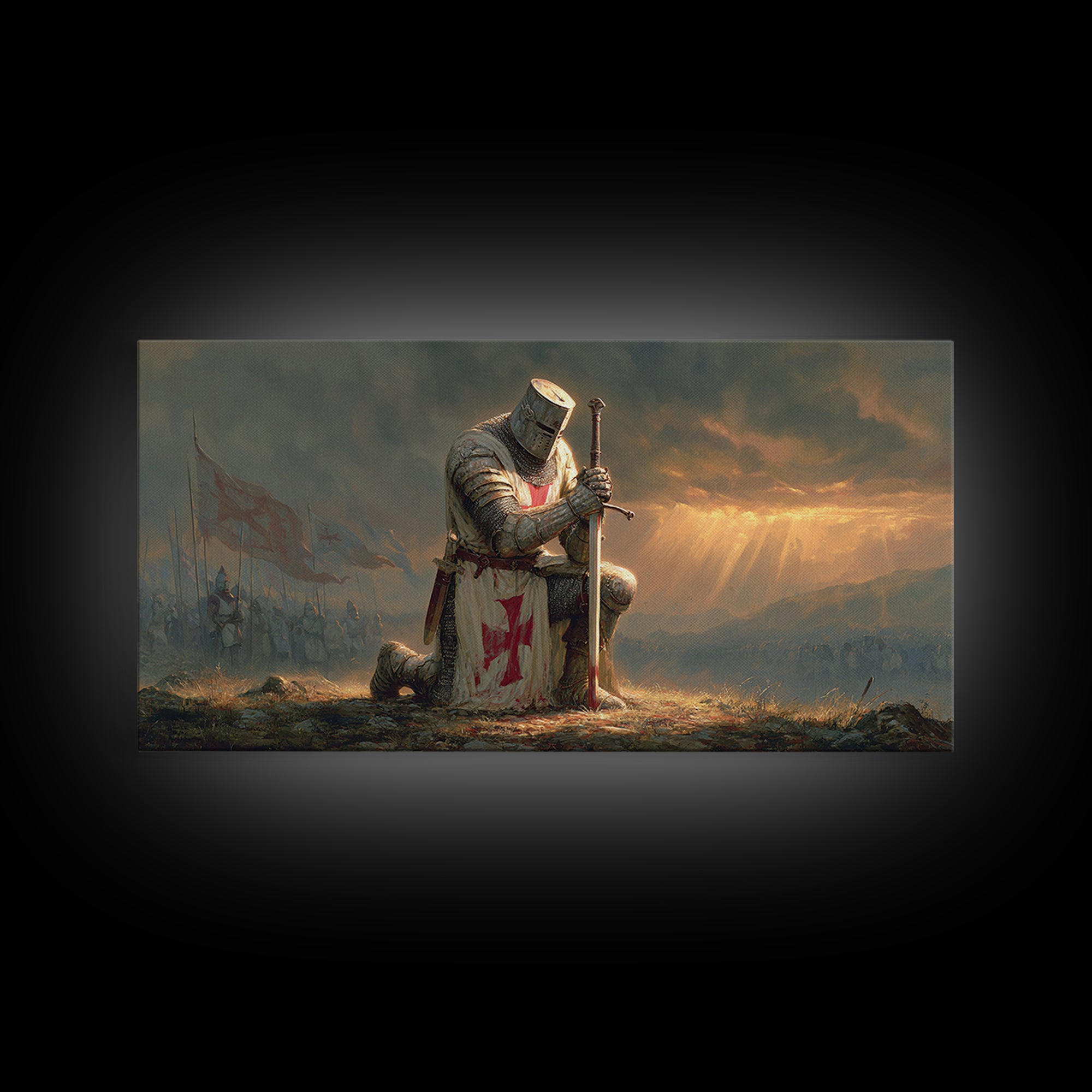 Kneeling Templar Knight Battlefield Wall Art, Medieval Crusader Framed Canvas Print, Dark Fantasy Decor, Christian Warrior Art