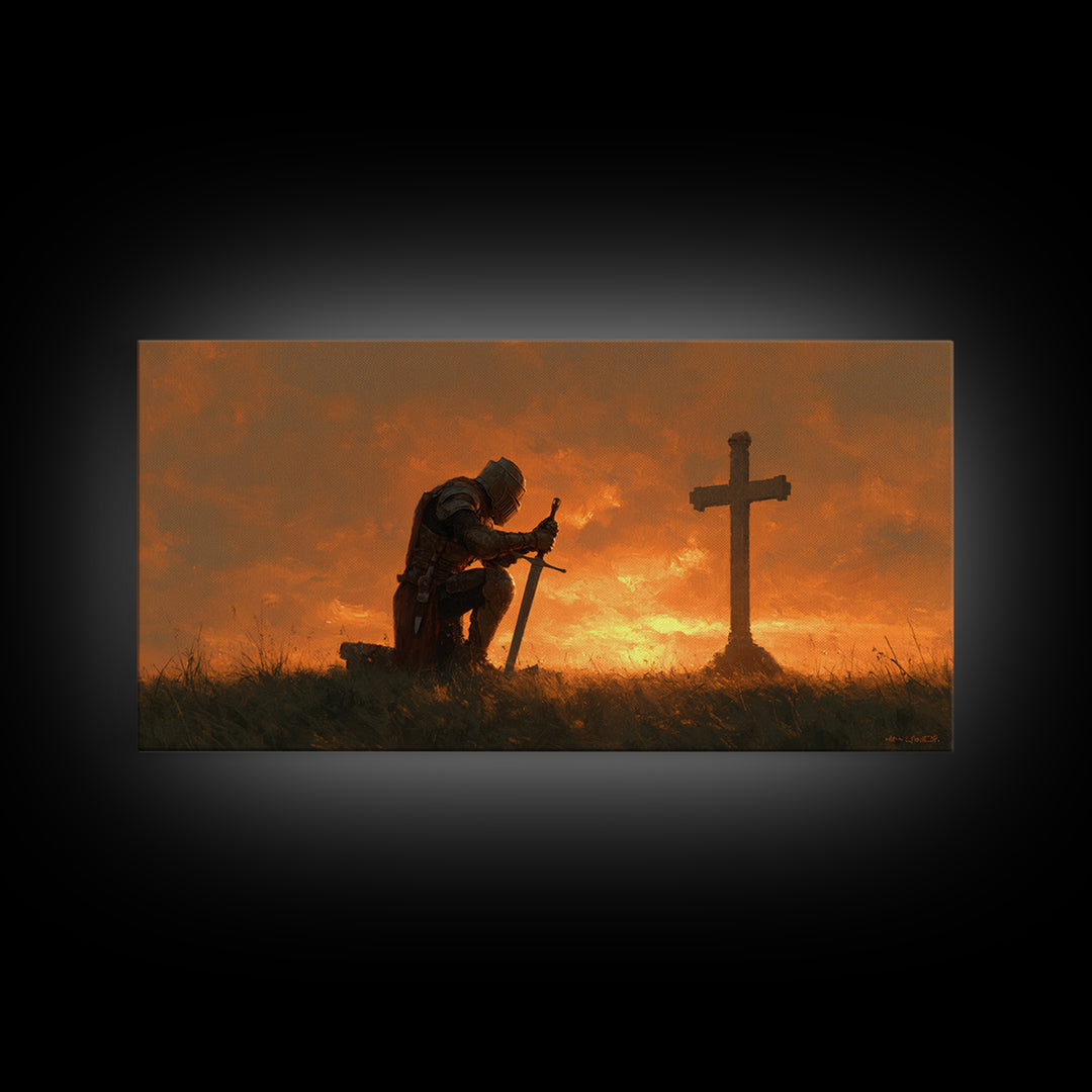 Kneeling Knight Before Cross Canvas Print, Christian Wall Art, Medieval Prayer Home Decor, Bible Verse Inspired Gift For Him