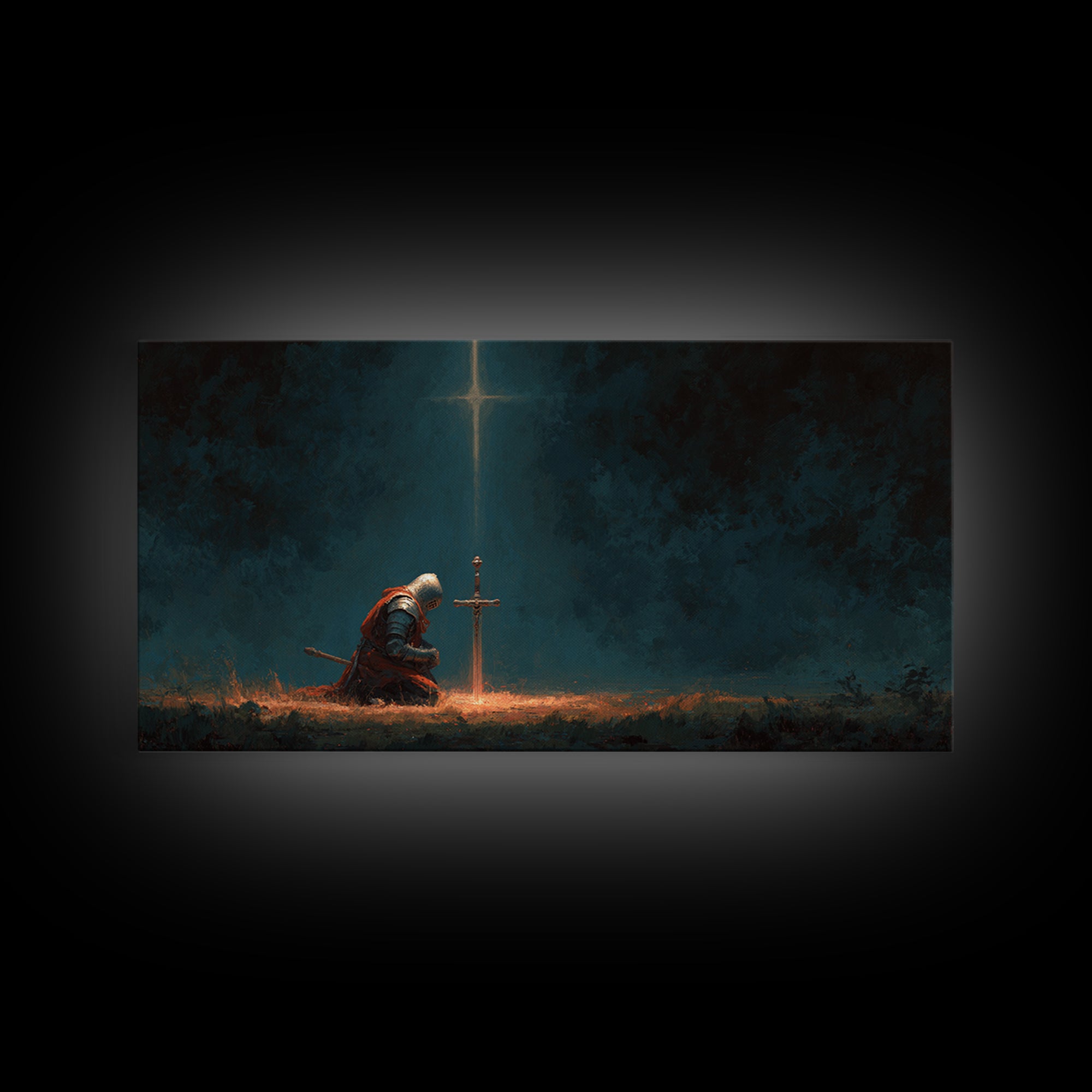 Kneeling Knight Before Cross Canvas Print, Christian Wall Art, Dark Fantasy Decor, Prayer Room Art, Medieval Office Decor