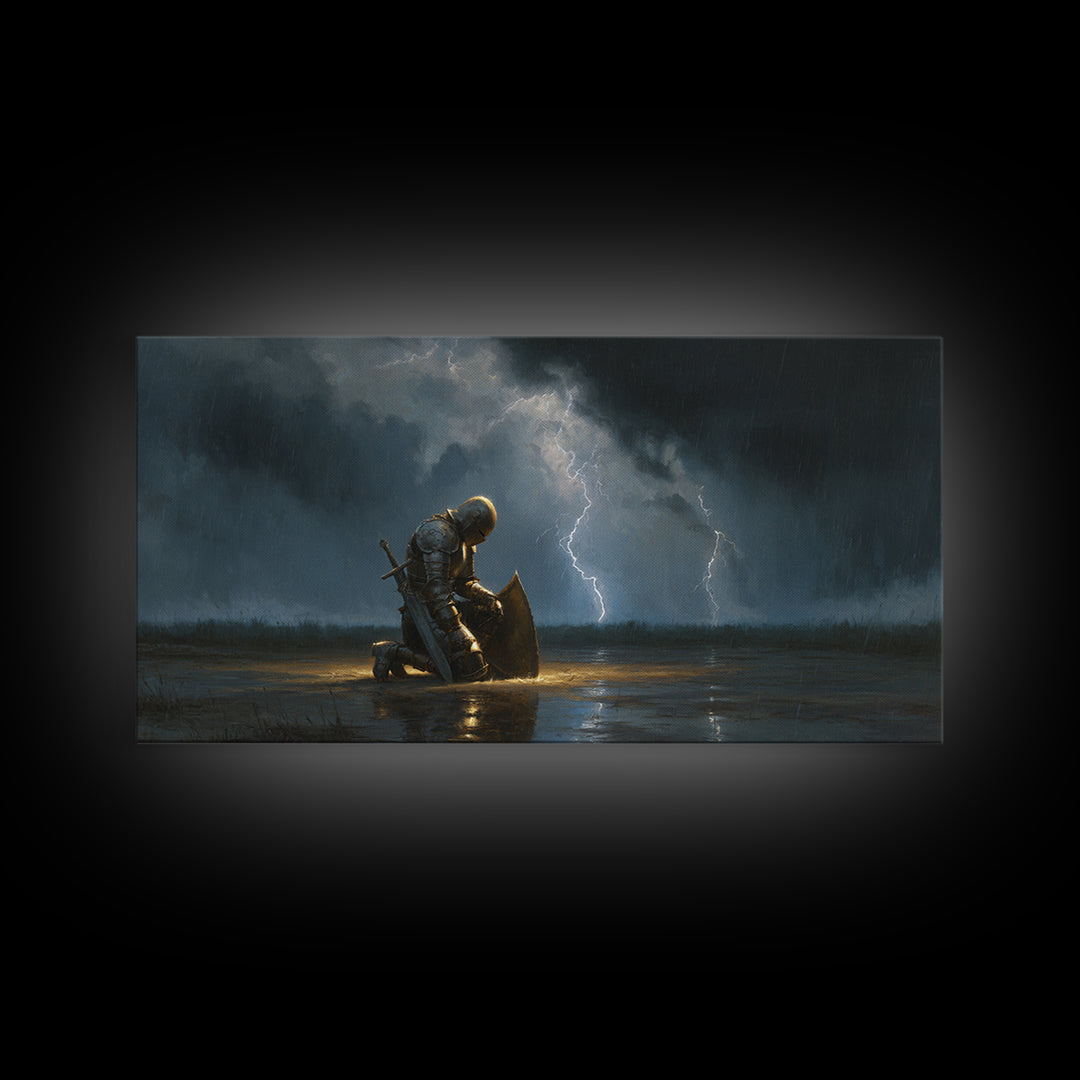 Kneeling Knight In Storm Framed Canvas Print, Dark Fantasy Wall Art, Lightning Rain Medieval Decor, Gothic Gift For Him, Office Decor