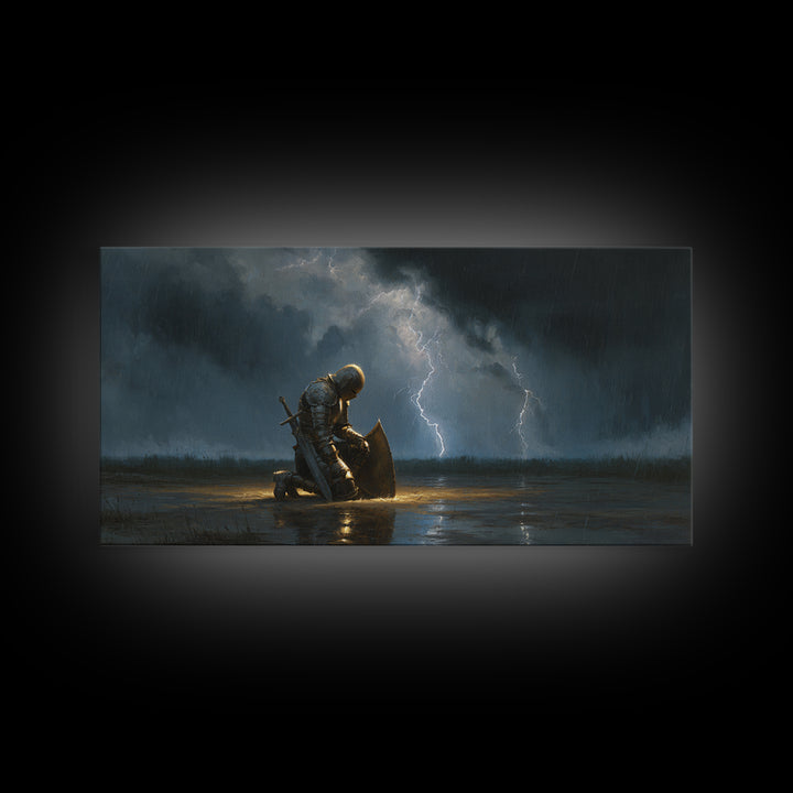 Kneeling Knight In Storm Framed Canvas Print, Dark Fantasy Wall Art, Lightning Rain Medieval Decor, Gothic Gift For Him, Office Decor