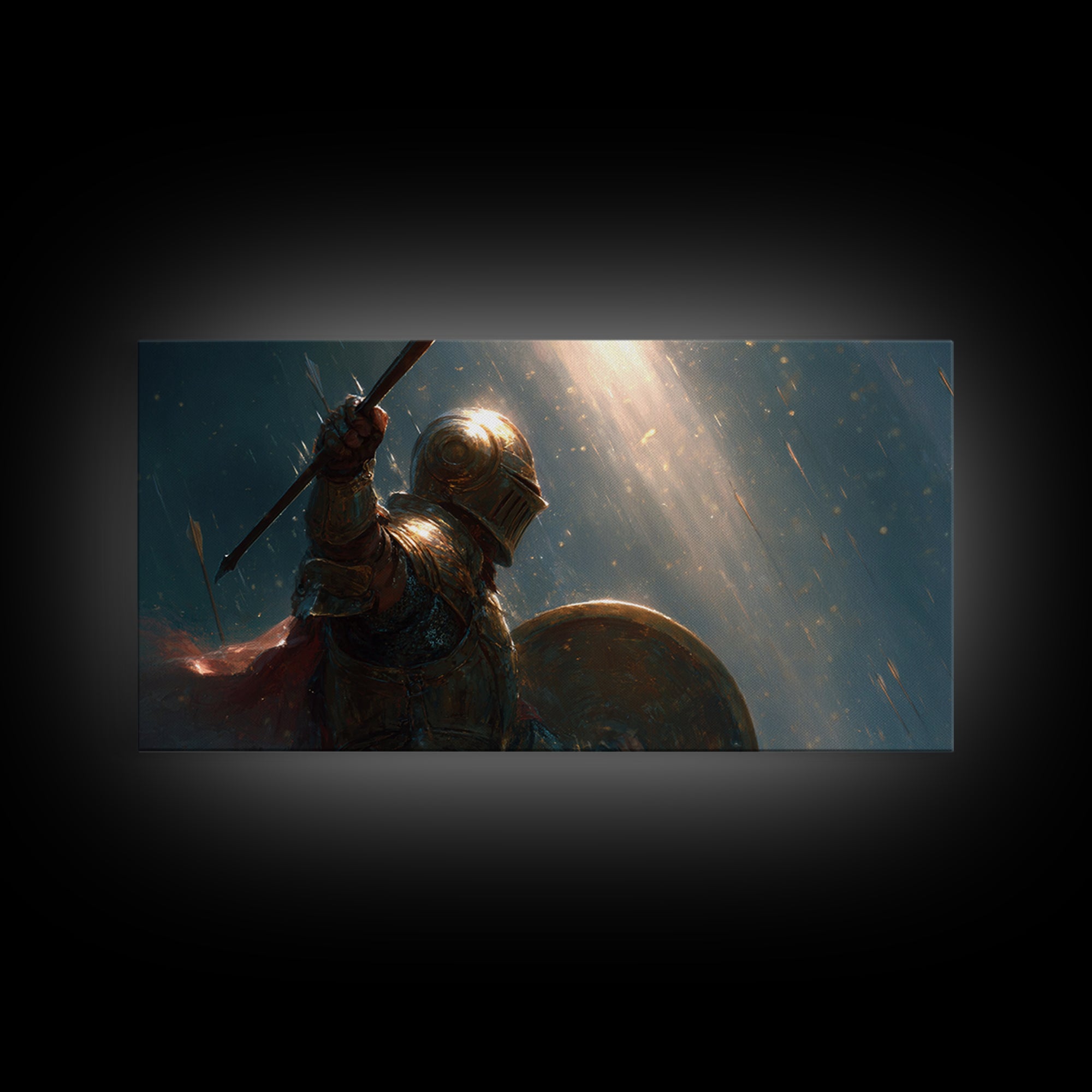 Armored Knight In Rain With Spear Wall Art, Medieval Fantasy Canvas Print, Dark Warrior Decor, Epic Gothic Artwork Gift Idea