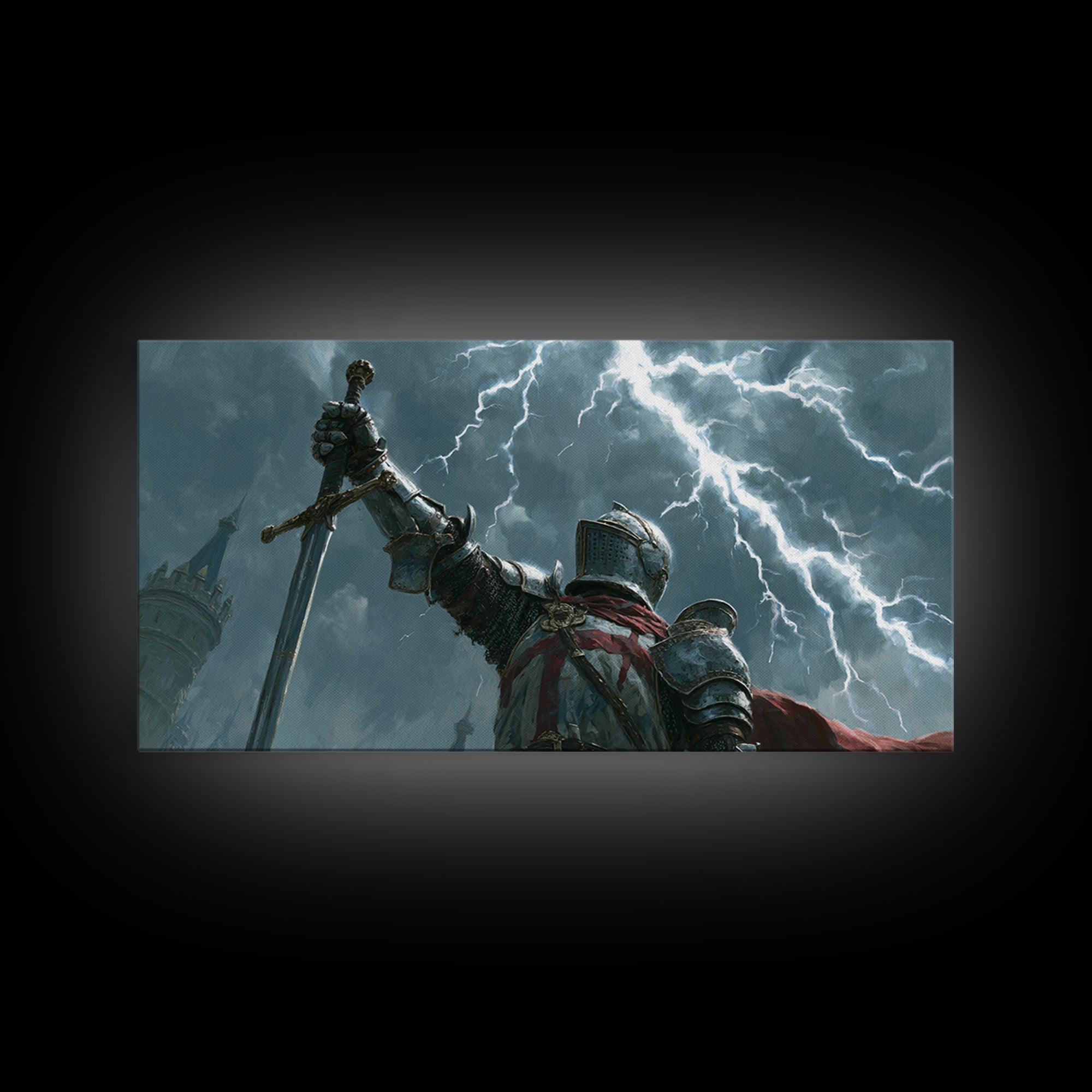 Storm Knight Raising Sword Canvas Print, Medieval Warrior Lightning Scene, Dark Fantasy Wall Art, Gaming Room Decor, Gift For Him