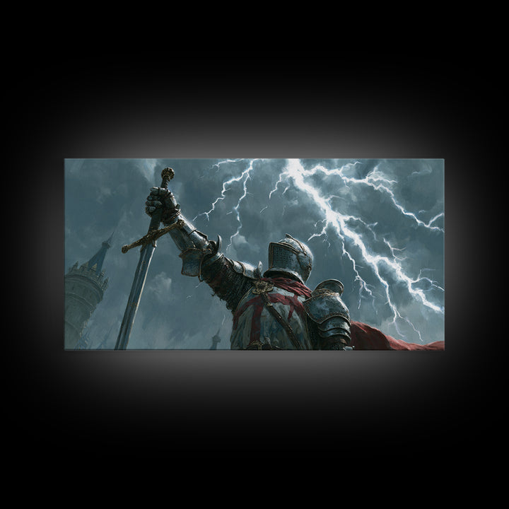 Storm Knight Raising Sword Canvas Print, Medieval Warrior Lightning Scene, Dark Fantasy Wall Art, Gaming Room Decor, Gift For Him