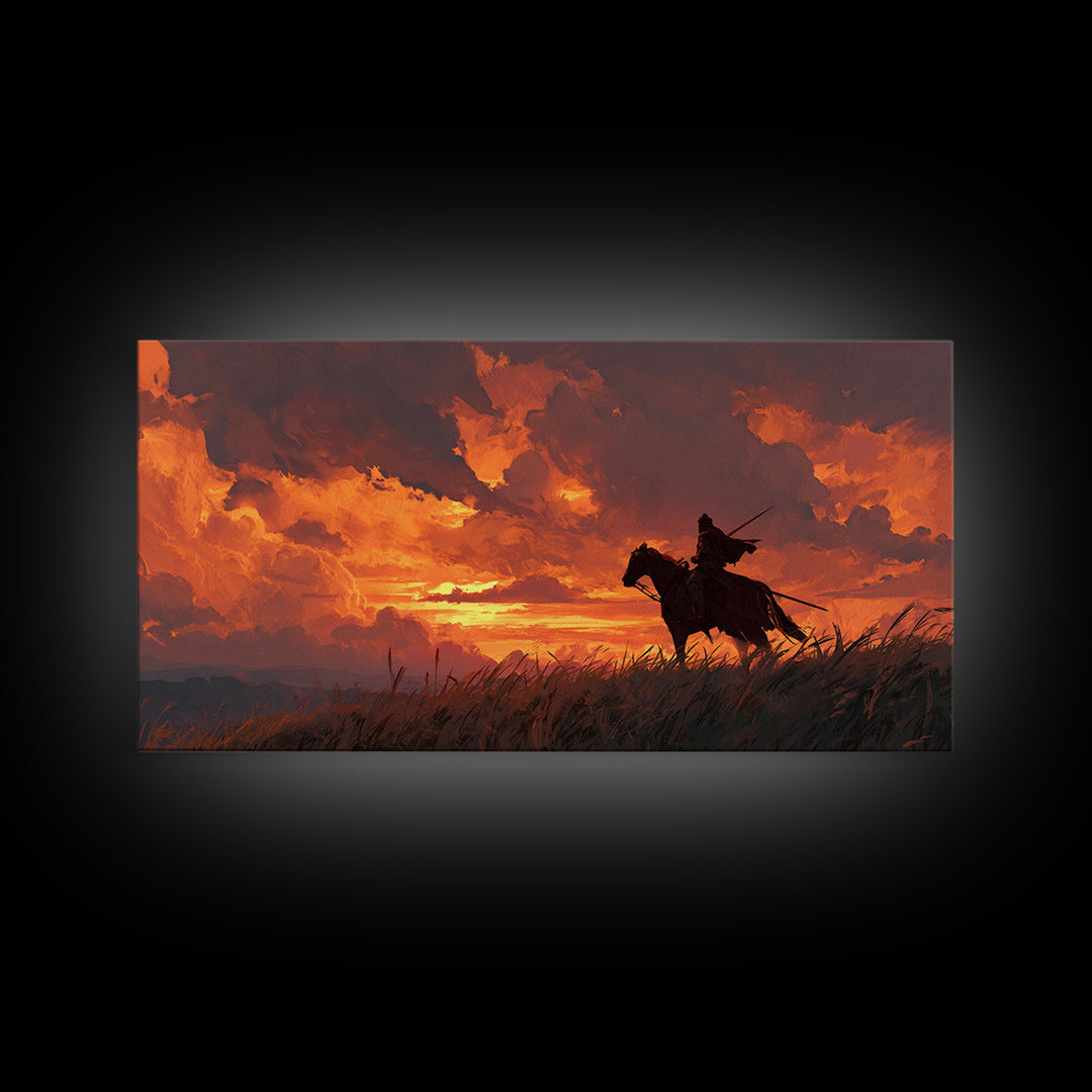 Lone Horseman At Fiery Sunset Wall Art, Western Cowboy Canvas Print, Rustic Landscape Decor, Masculine Office Gift For Him