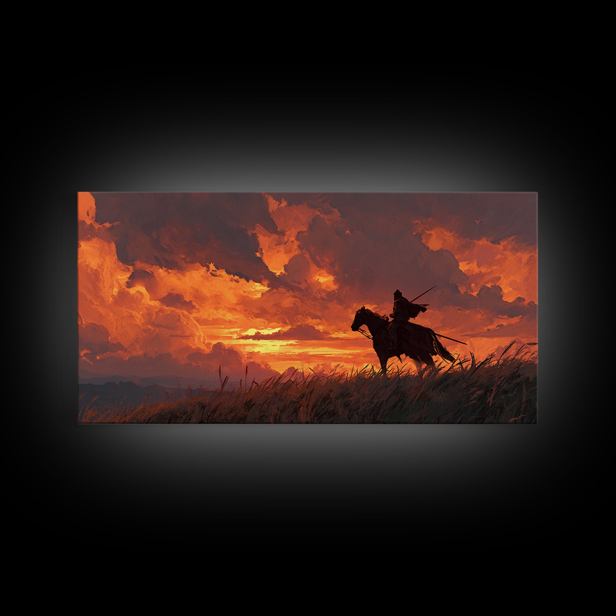 Lone Horseman At Fiery Sunset Wall Art, Western Cowboy Canvas Print, Rustic Landscape Decor, Masculine Office Gift For Him