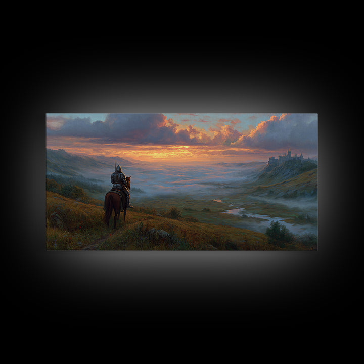 Lone Knight Over Misty Castle Valley Framed Canvas Print, Fantasy Wall Art For Gaming Room Decor And Medieval Adventure Home Decor