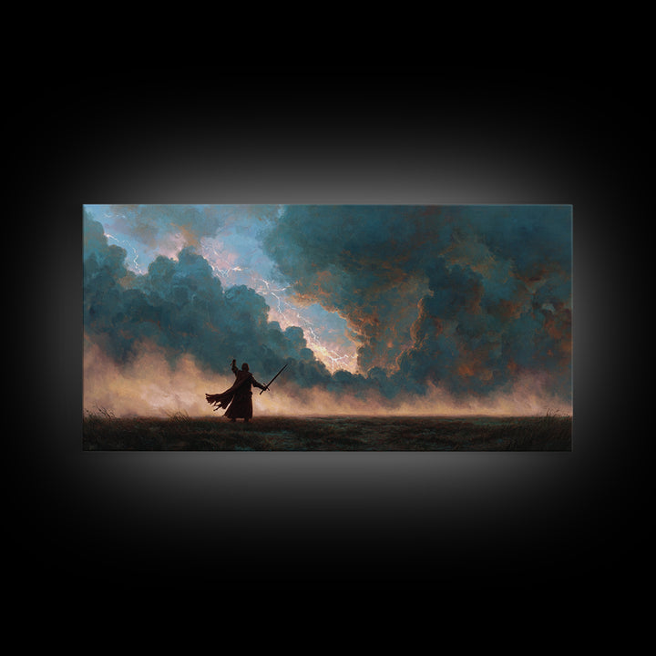 Lone Swordsman Under Storm Clouds Canvas Print, Dark Fantasy Landscape Wall Art, Moody Warrior Decor, RPG Gift For Gamer