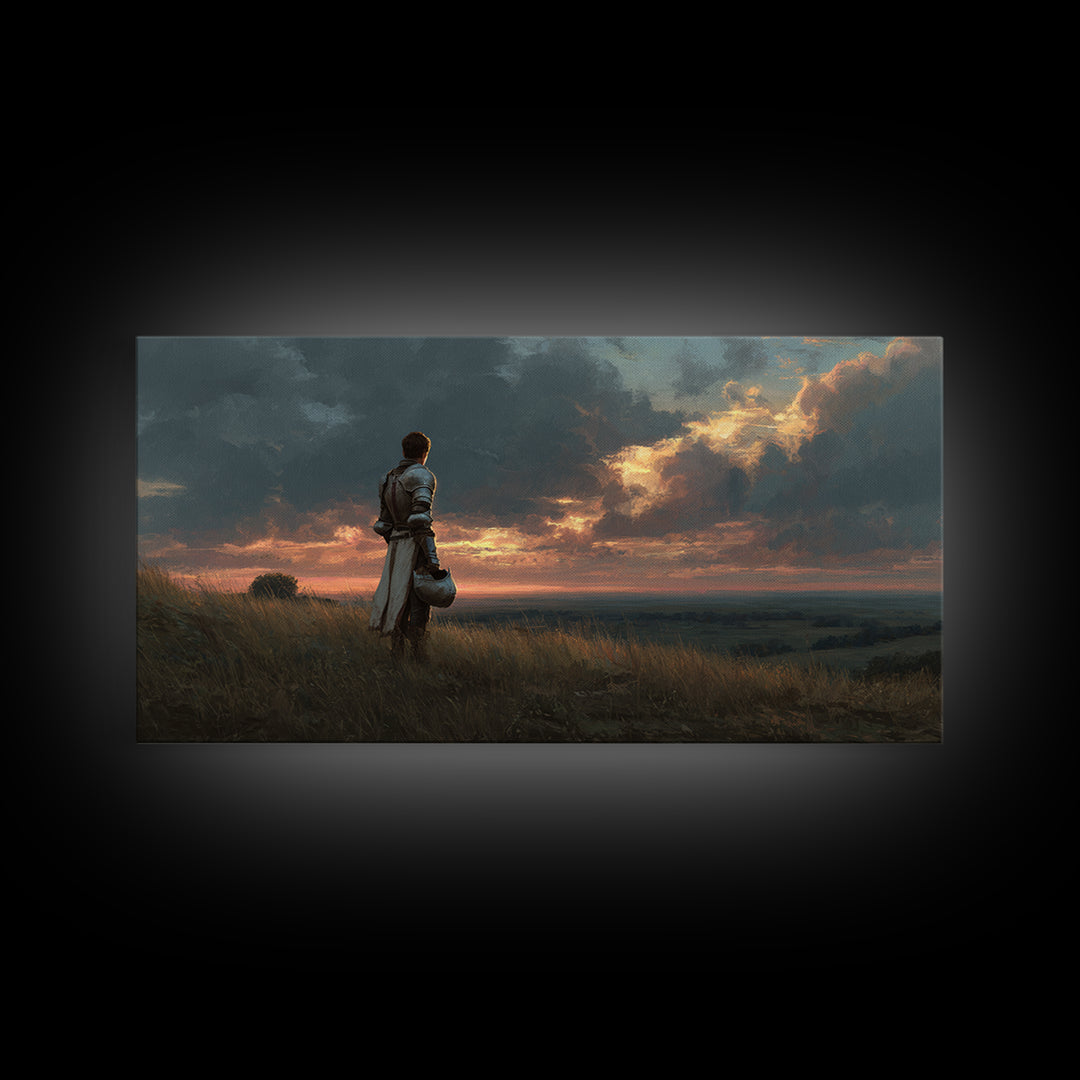 Solitary Knight At Sunset Framed Canvas Print, Medieval Fantasy Landscape Wall Art, Dramatic Medieval Home Decor Gift For Him