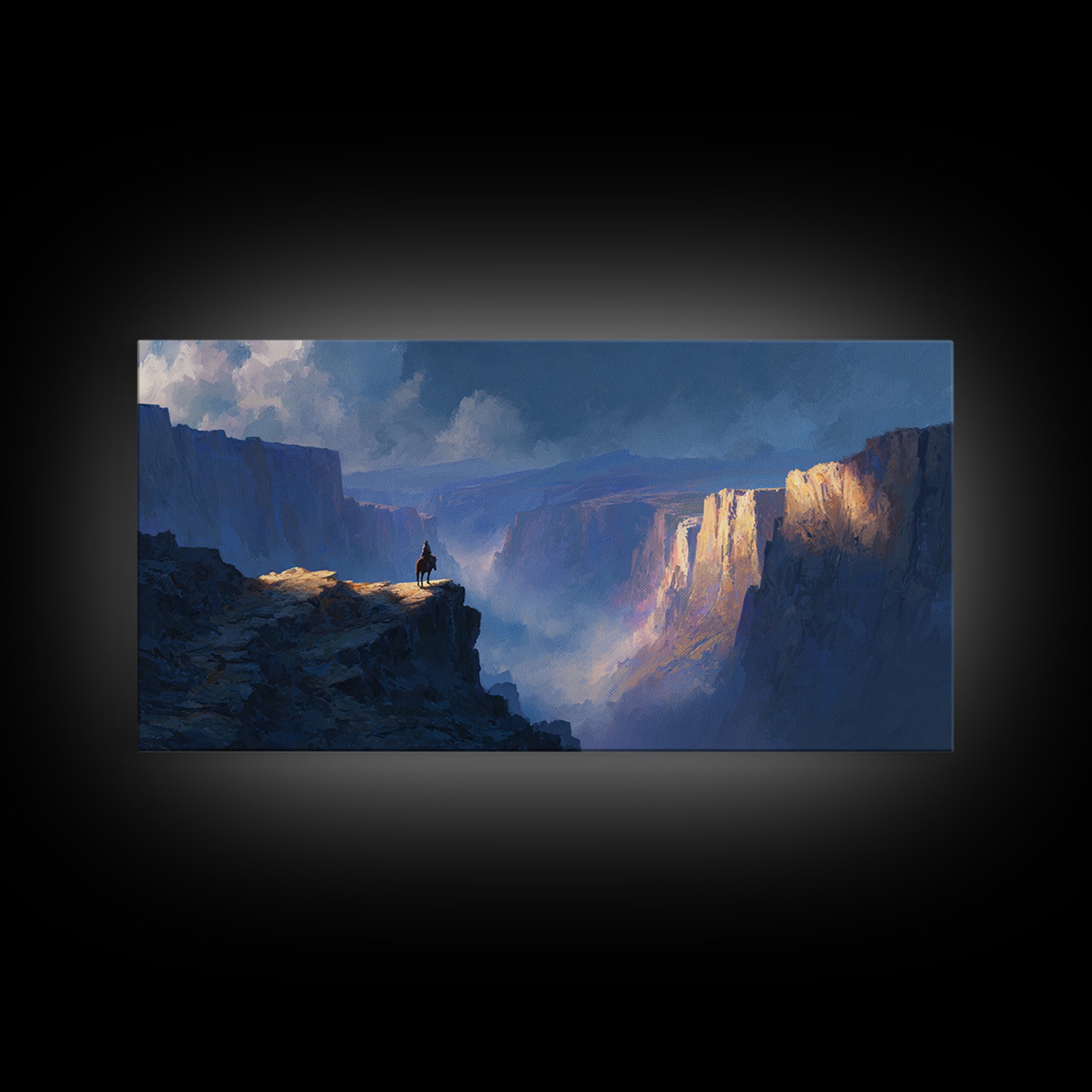 Lonely Rider On Blue Canyon Cliff Wall Art, Fantasy Landscape Canvas Print, Western Decor, Large Statement Artwork For Office