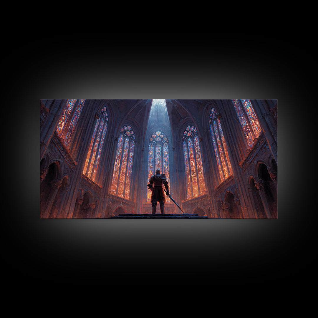 Gothic Cathedral Knight Wall Art, Stained Glass Framed Canvas Print, Medieval Fantasy Decor, Dark Academia, Statement Art