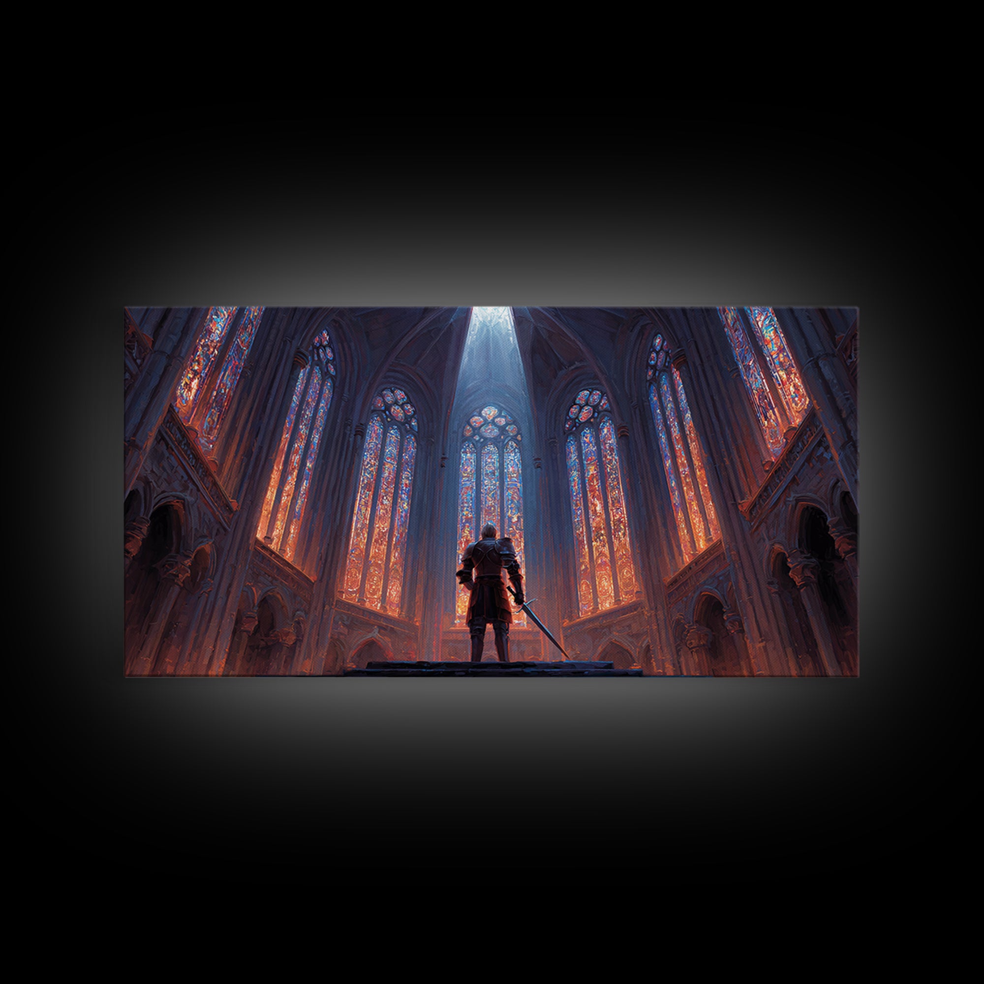 Gothic Cathedral Knight Wall Art, Stained Glass Framed Canvas Print, Medieval Fantasy Decor, Dark Academia, Statement Art