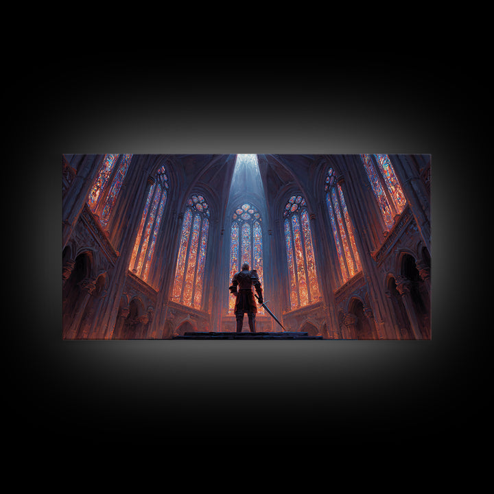 Gothic Cathedral Knight Wall Art, Stained Glass Framed Canvas Print, Medieval Fantasy Decor, Dark Academia, Statement Art
