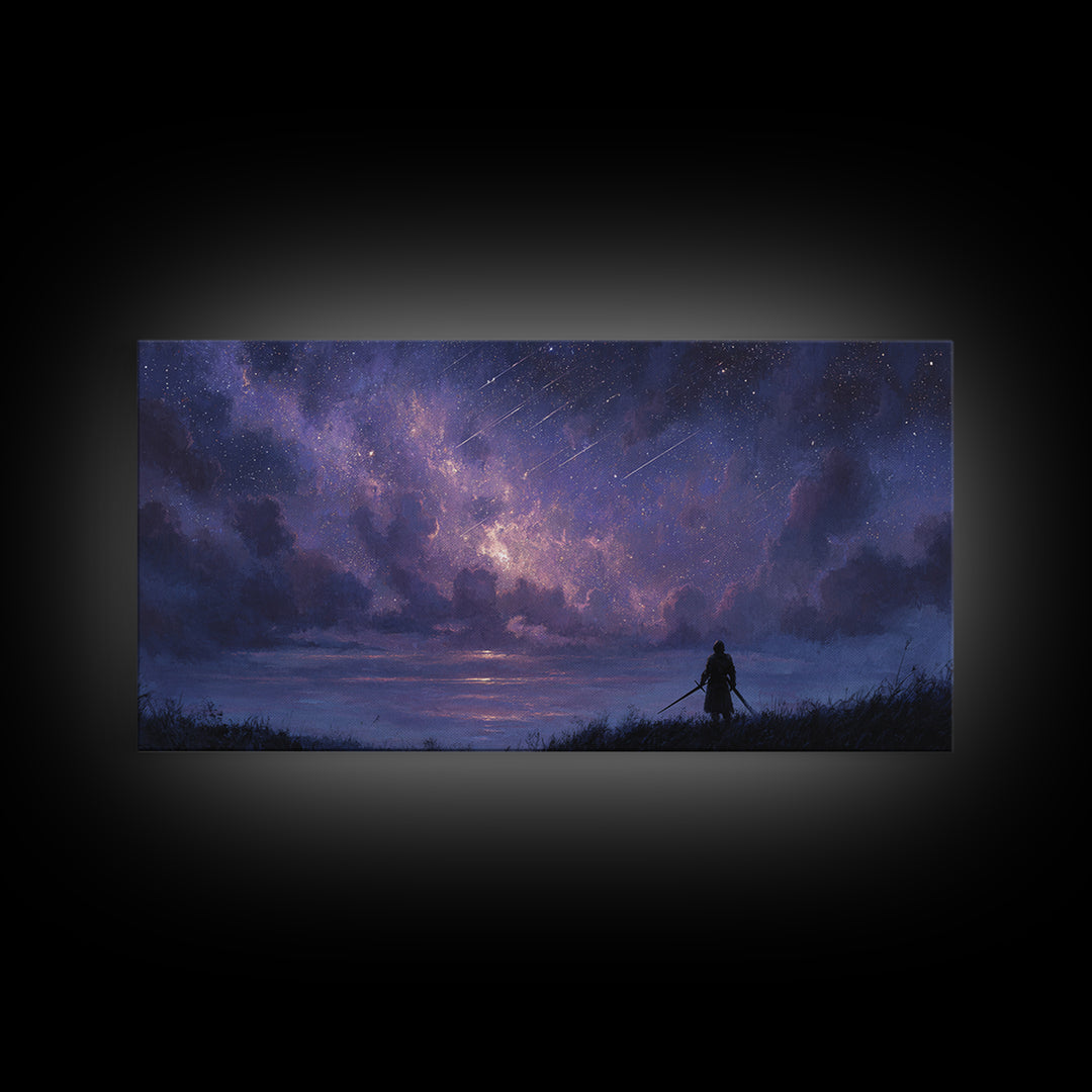 Lone Warrior Beneath Meteor Star Sky Wall Art, Fantasy Landscape Print, Celestial Decor, Gamer Room Canvas Print For Bedroom Decor