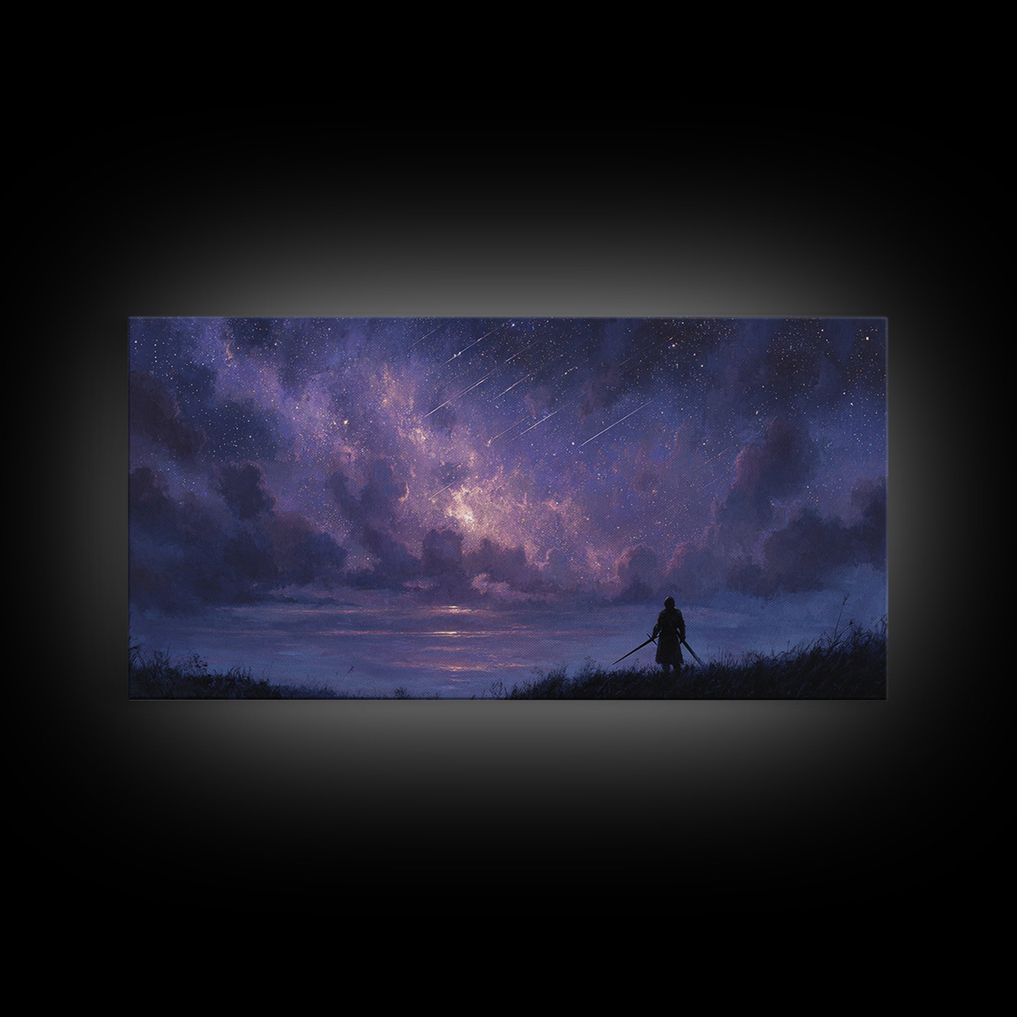 Lone Warrior Beneath Meteor Star Sky Wall Art, Fantasy Landscape Print, Celestial Decor, Gamer Room Canvas Print For Bedroom Decor
