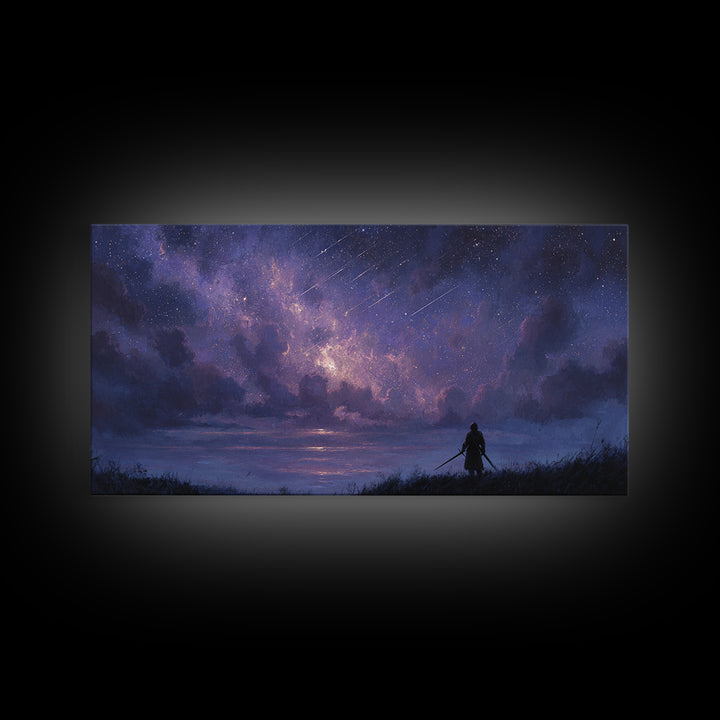 Lone Warrior Beneath Meteor Star Sky Wall Art, Fantasy Landscape Print, Celestial Decor, Gamer Room Canvas Print For Bedroom Decor