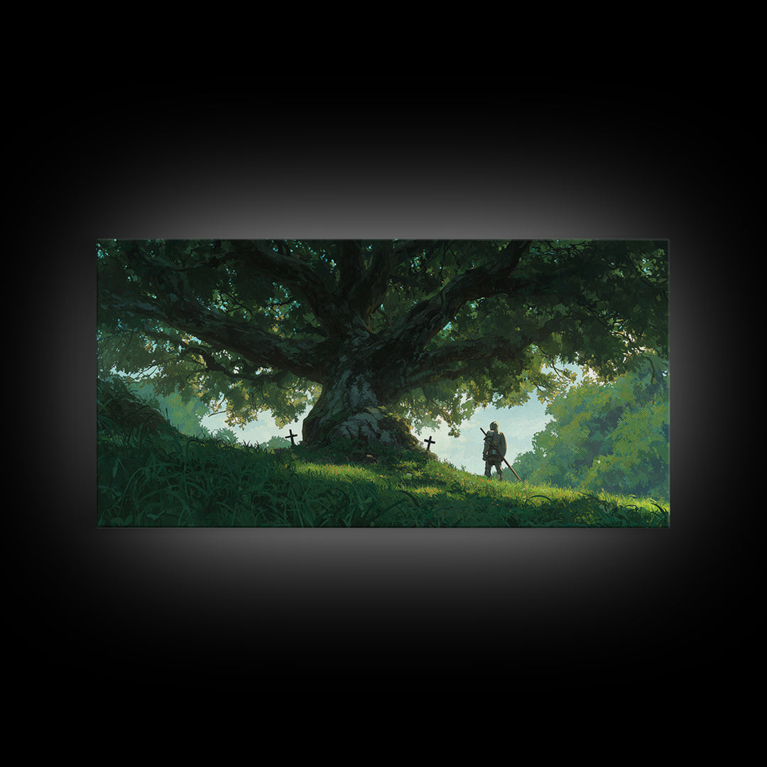 Ancient Oak With Lone Knight Wall Art, Enchanted Forest Canvas Print, Fantasy Landscape For Rustic Home Decor And Nursery Decor