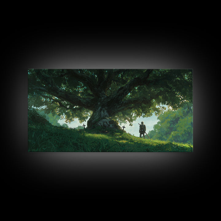 Ancient Oak With Lone Knight Wall Art, Enchanted Forest Canvas Print, Fantasy Landscape For Rustic Home Decor And Nursery Decor