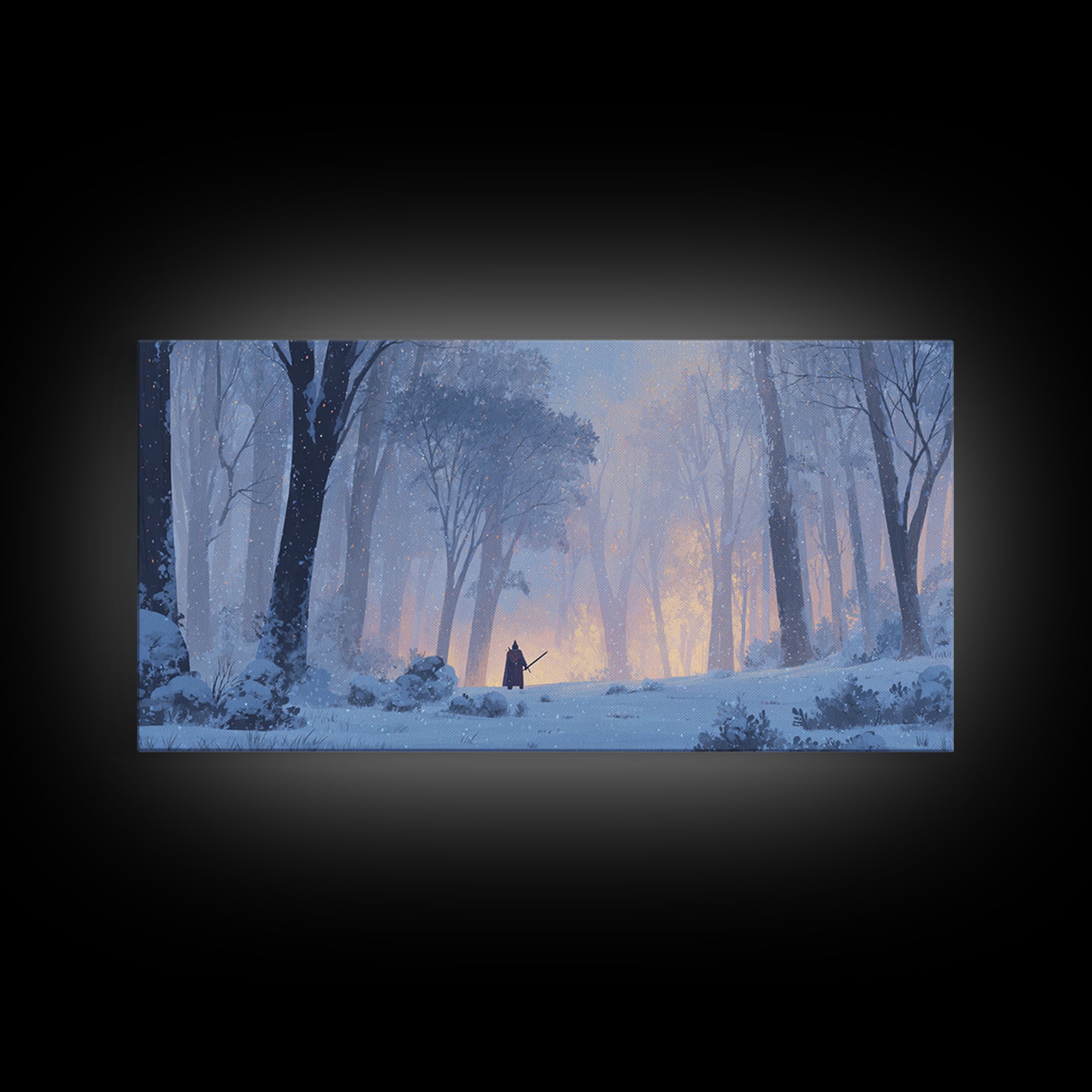 Lone Warrior In Snowy Forest Wall Art, Winter Fantasy Landscape Painting, Moody Woodland Decor, Adventure Canvas Print Gift