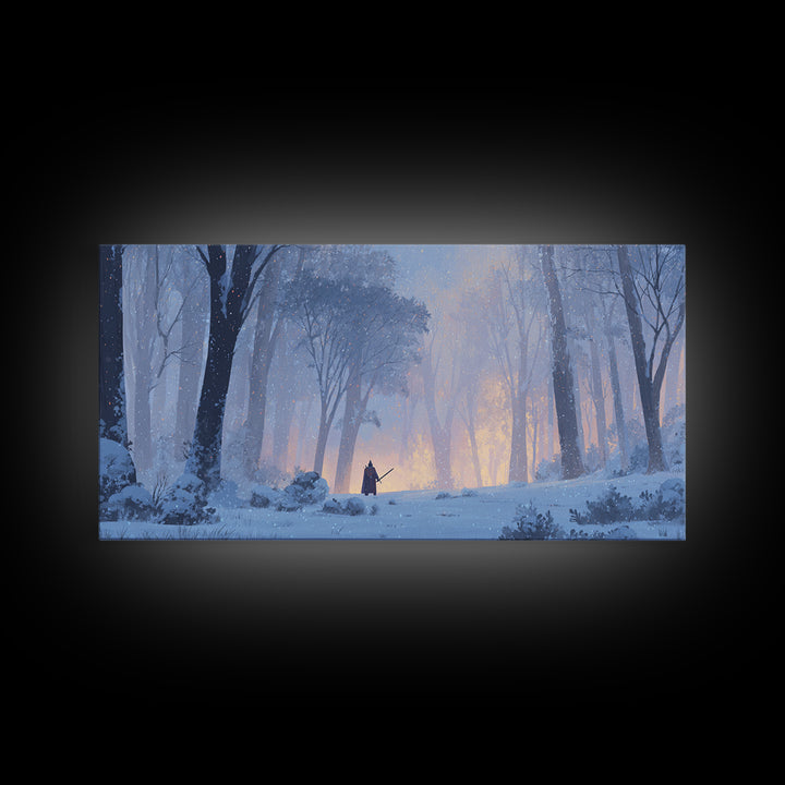 Lone Warrior In Snowy Forest Wall Art, Winter Fantasy Landscape Painting, Moody Woodland Decor, Adventure Canvas Print Gift