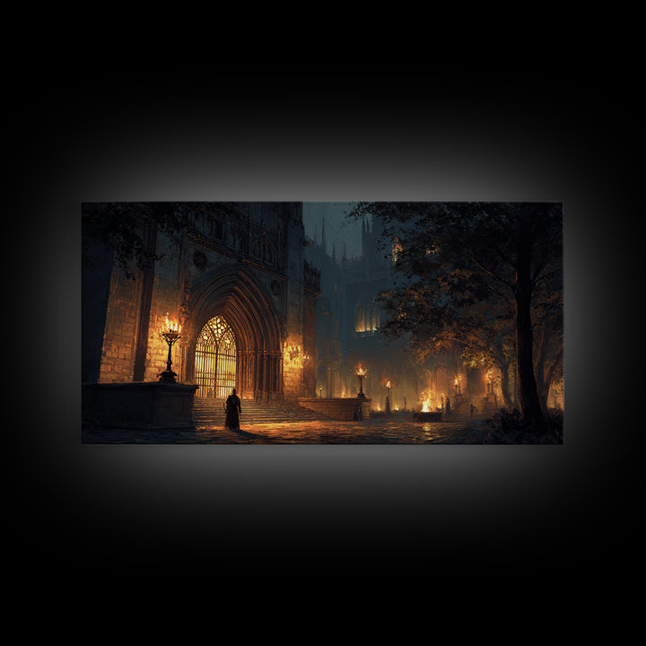 Gothic Cathedral Night Wall Art, Dark Academia Framed Canvas Print, Moody Architecture Poster, Victorian Office Decor, Gift