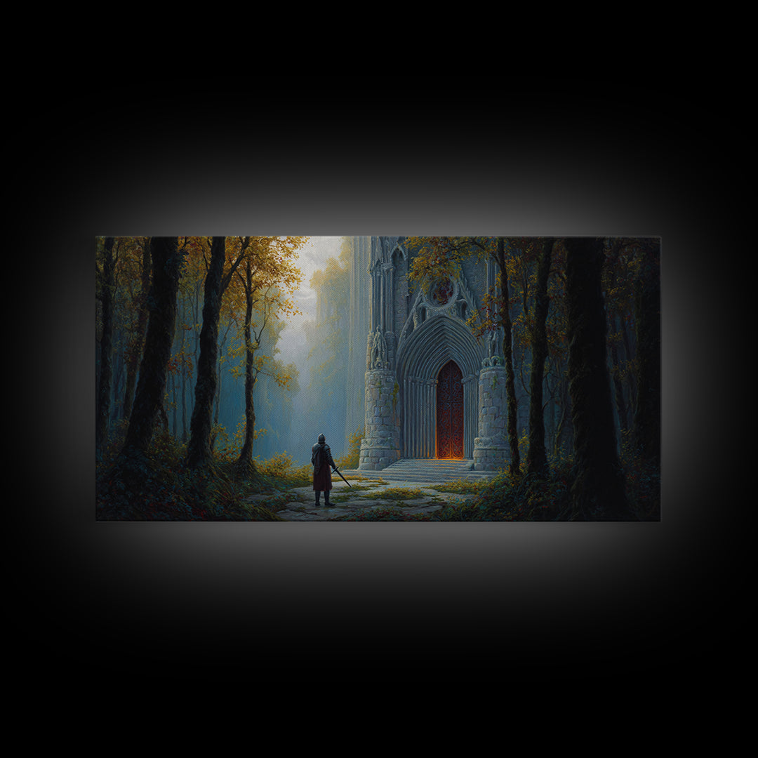 Gothic Forest Cathedral Doorway With Lone Knight Wall Art, Dark Academia Decor, Fantasy Landscape, Large Canvas Print For Bedroom