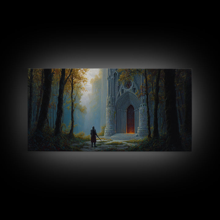 Gothic Forest Cathedral Doorway With Lone Knight Wall Art, Dark Academia Decor, Fantasy Landscape, Large Canvas Print For Bedroom