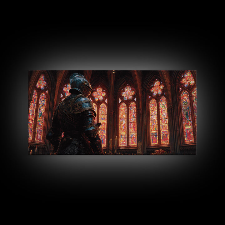 Knight In Stained Glass Cathedral Wall Art, Gothic Medieval Canvas Print, Dark Academia Decor, Fantasy Castle Painting, Church Art