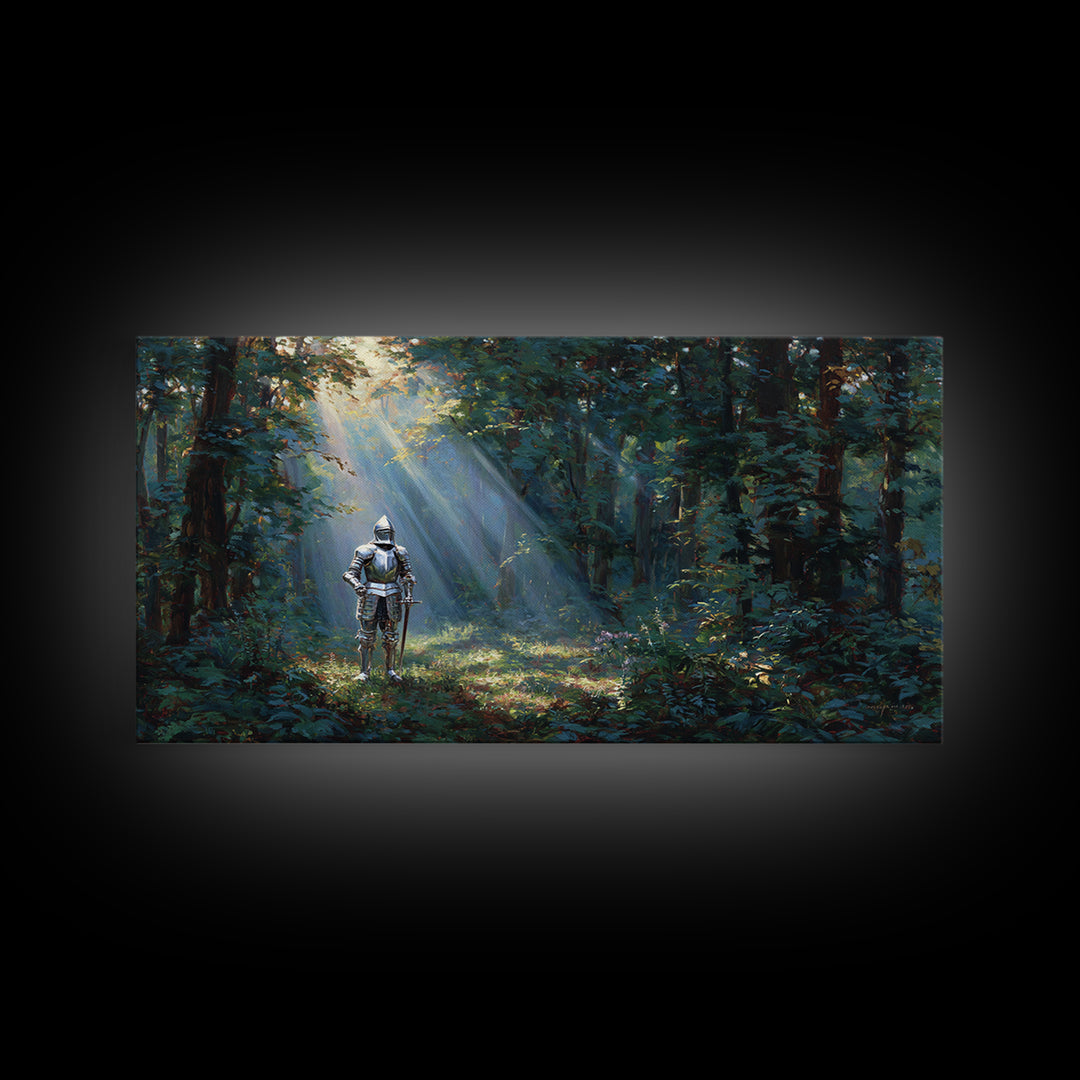 Knight In Sunlit Enchanted Forest Canvas Print, Fantasy Wall Art, Medieval Landscape Art For Office Decor And Gifts For Him