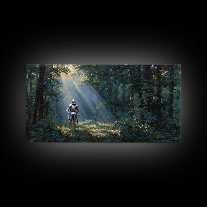 Knight In Sunlit Enchanted Forest Canvas Print, Fantasy Wall Art, Medieval Landscape Art For Office Decor And Gifts For Him