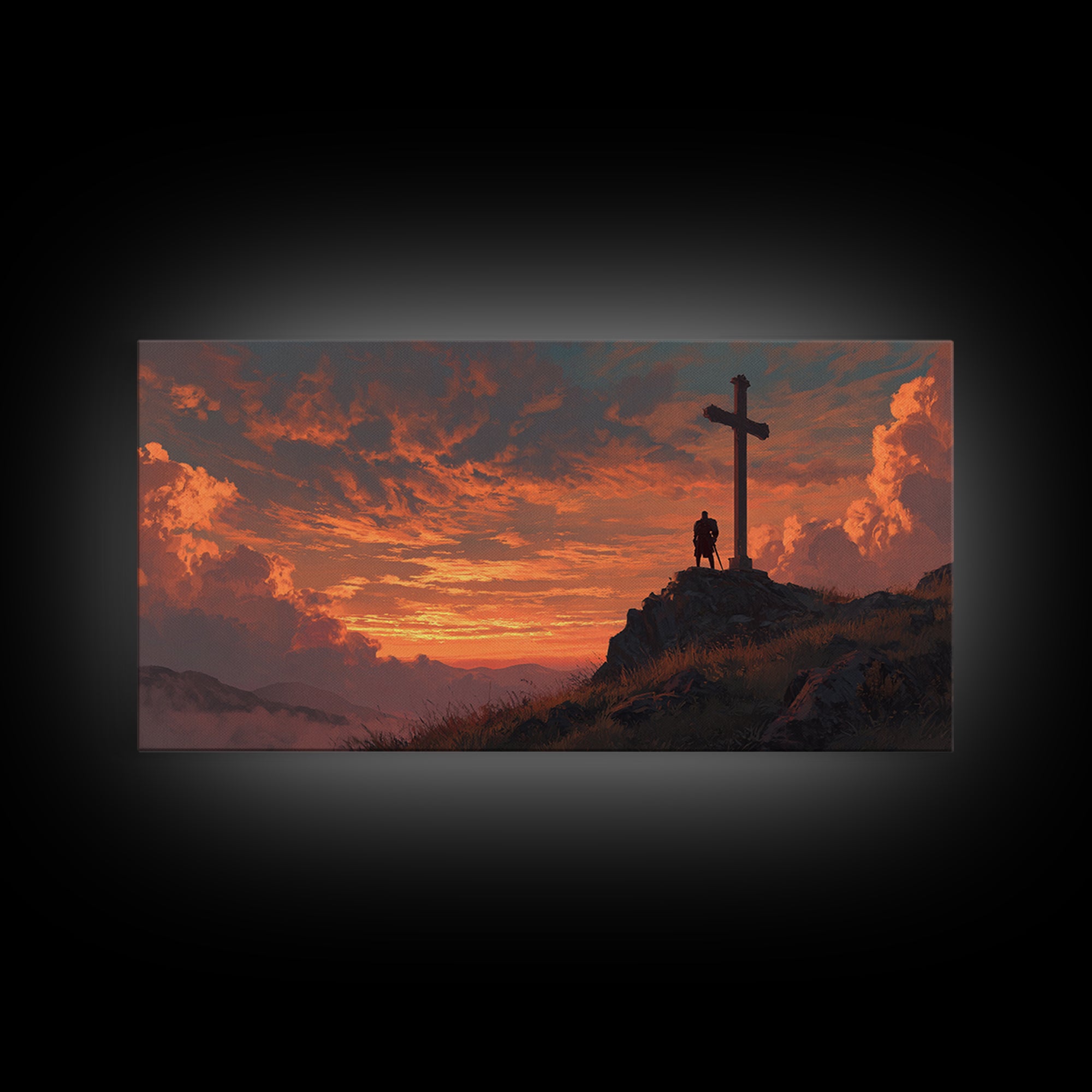 Fiery Sunset Cross On Mountain Ridge Wall Art, Christian Landscape Canvas Print, Spiritual Home Decor, Prayer Room Gift Idea
