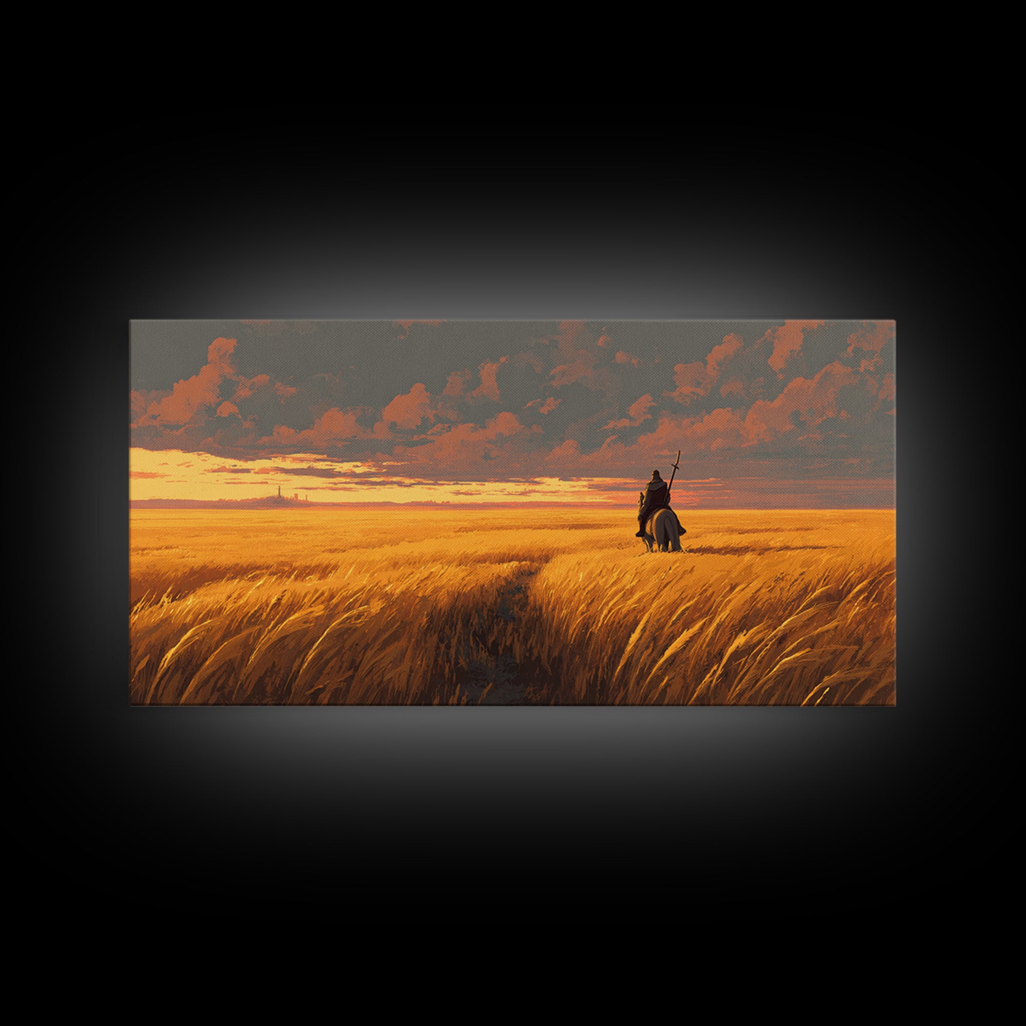 Lone Warrior In Golden Wheat Canvas Print, Sunset Fantasy Landscape Art, Western Rider Decor, Gift For Him, Rustic Home Decor