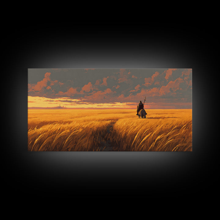 Lone Warrior In Golden Wheat Canvas Print, Sunset Fantasy Landscape Art, Western Rider Decor, Gift For Him, Rustic Home Decor