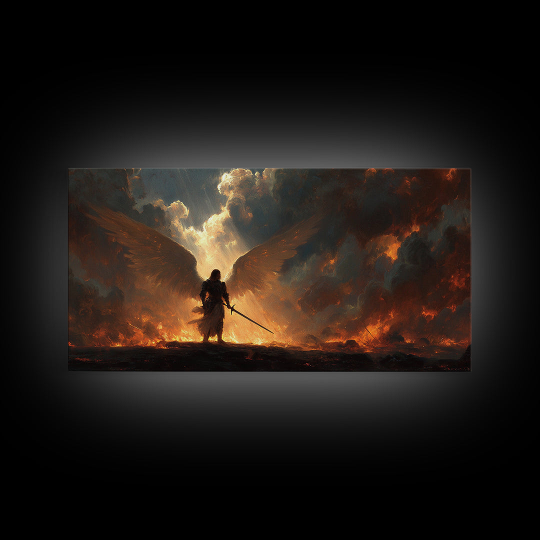 Warrior Angel With Flaming Wings Canvas Print, Dark Fantasy Wall Art, Epic Spiritual Decor, Gothic Battle Gift Idea For Him