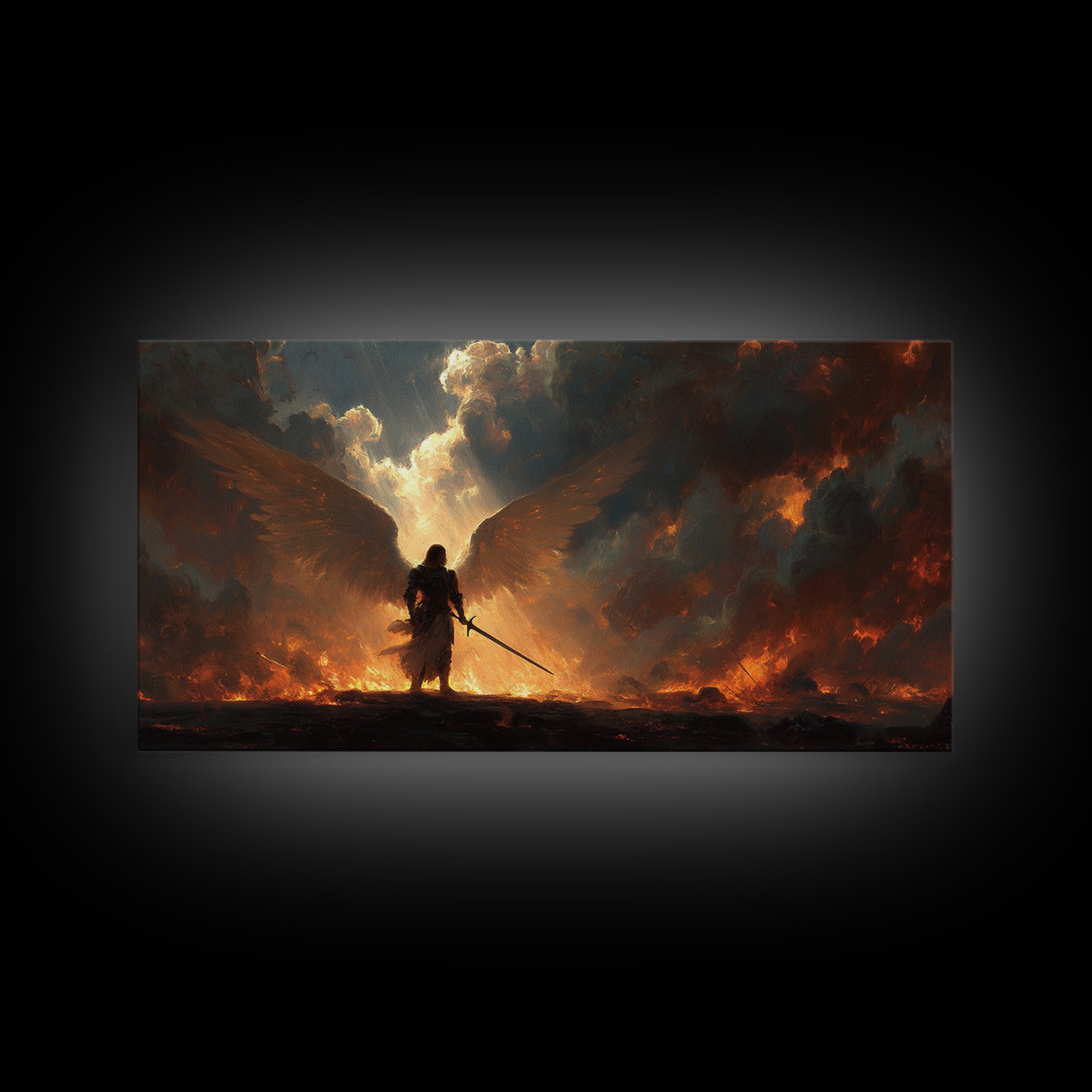 Warrior Angel With Flaming Wings Canvas Print, Dark Fantasy Wall Art, Epic Spiritual Decor, Gothic Battle Gift Idea For Him