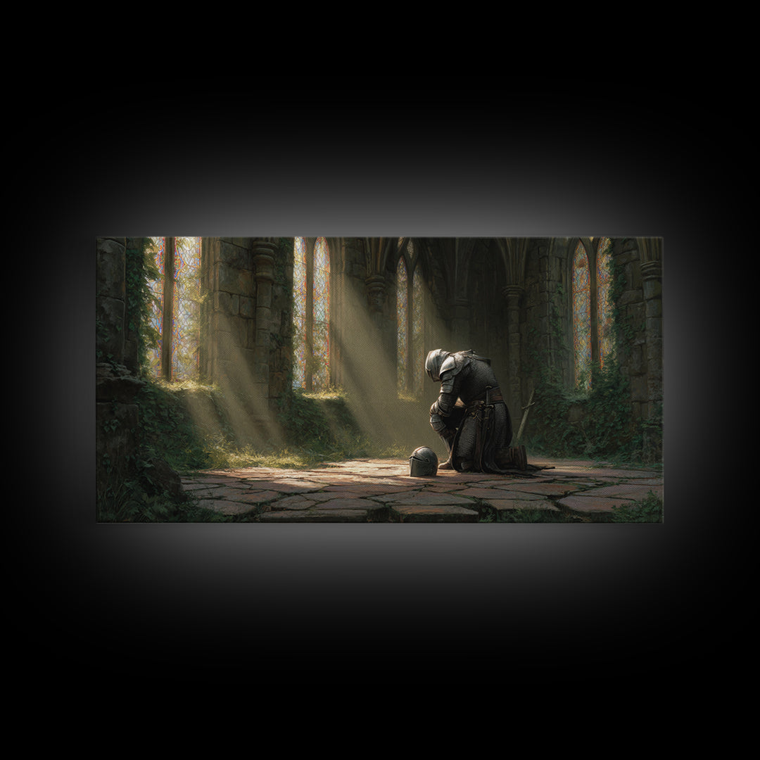 Knight In Sunlit Gothic Ruins Framed Canvas Print, Medieval Fantasy Wall Art, Dark Academia Decor, Large Living Room Art