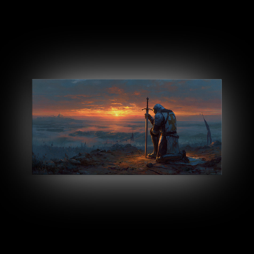 Kneeling Knight At Sunset Wall Art, Medieval Fantasy Landscape Canvas, Epic Castle Decor, Dark Academia Gift For Him, Living Room Decor