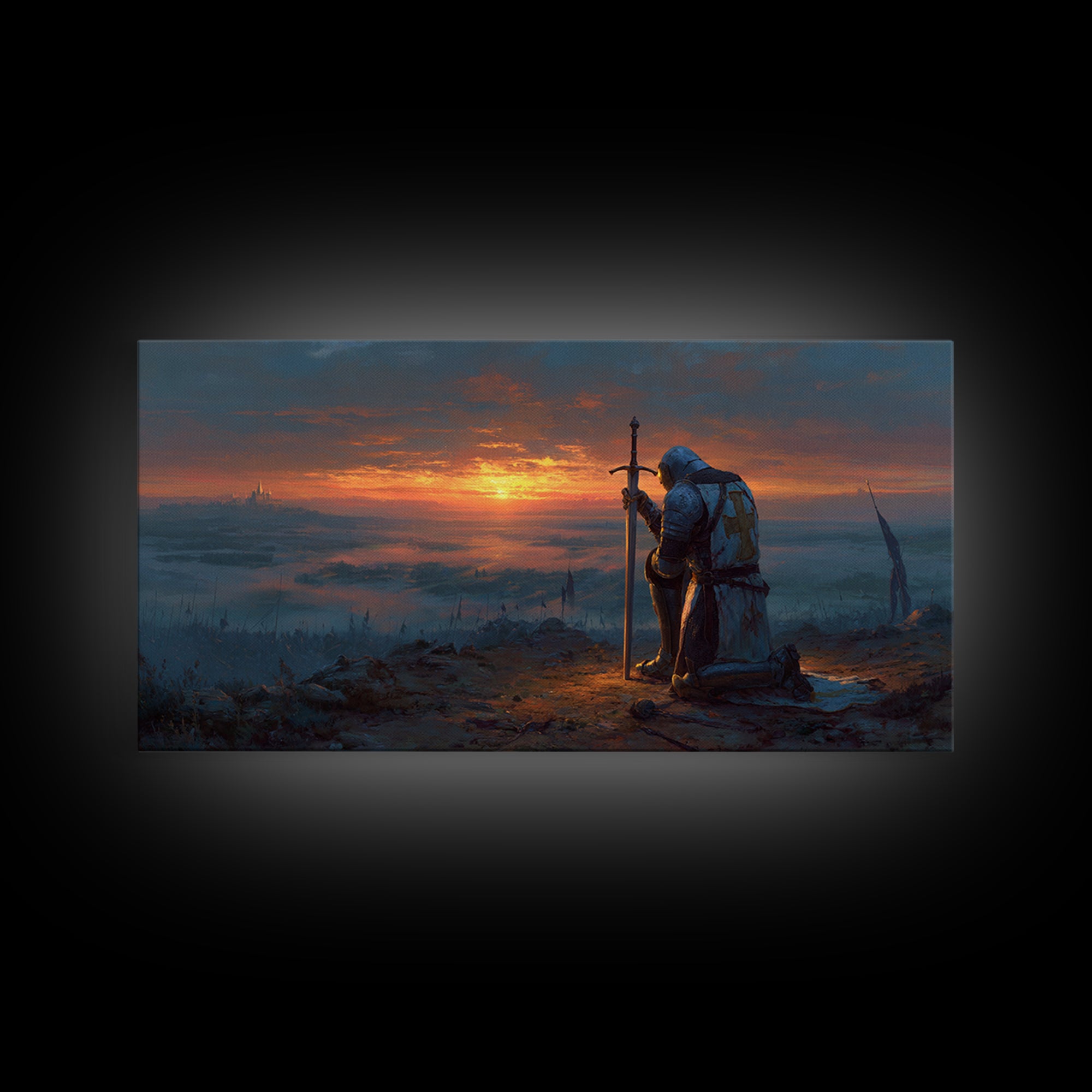 Kneeling Knight At Sunset Wall Art, Medieval Fantasy Landscape Canvas, Epic Castle Decor, Dark Academia Gift For Him, Living Room Decor