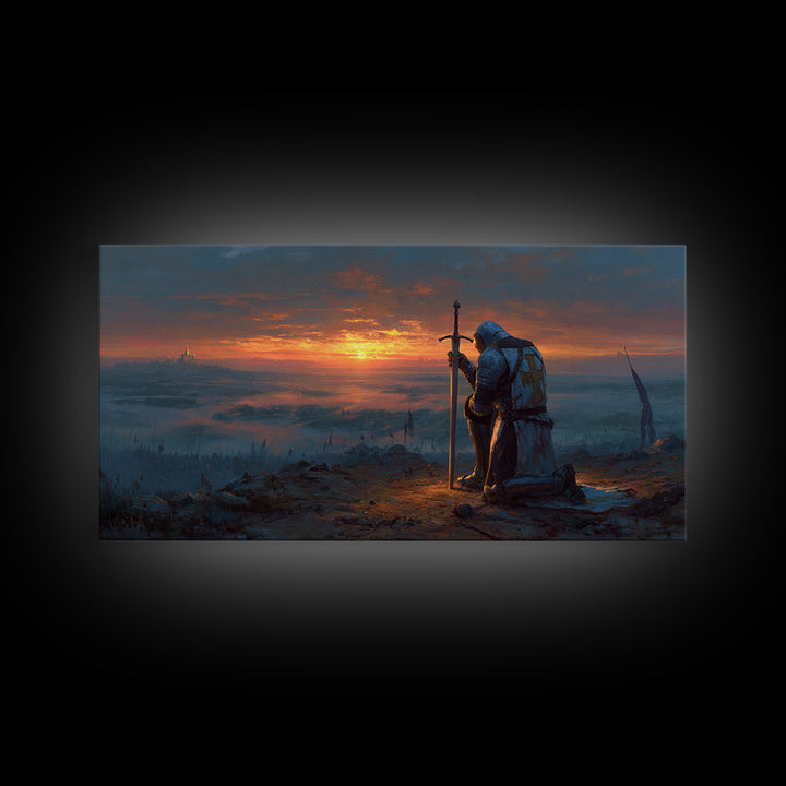 Kneeling Knight At Sunset Wall Art, Medieval Fantasy Landscape Canvas, Epic Castle Decor, Dark Academia Gift For Him, Living Room Decor